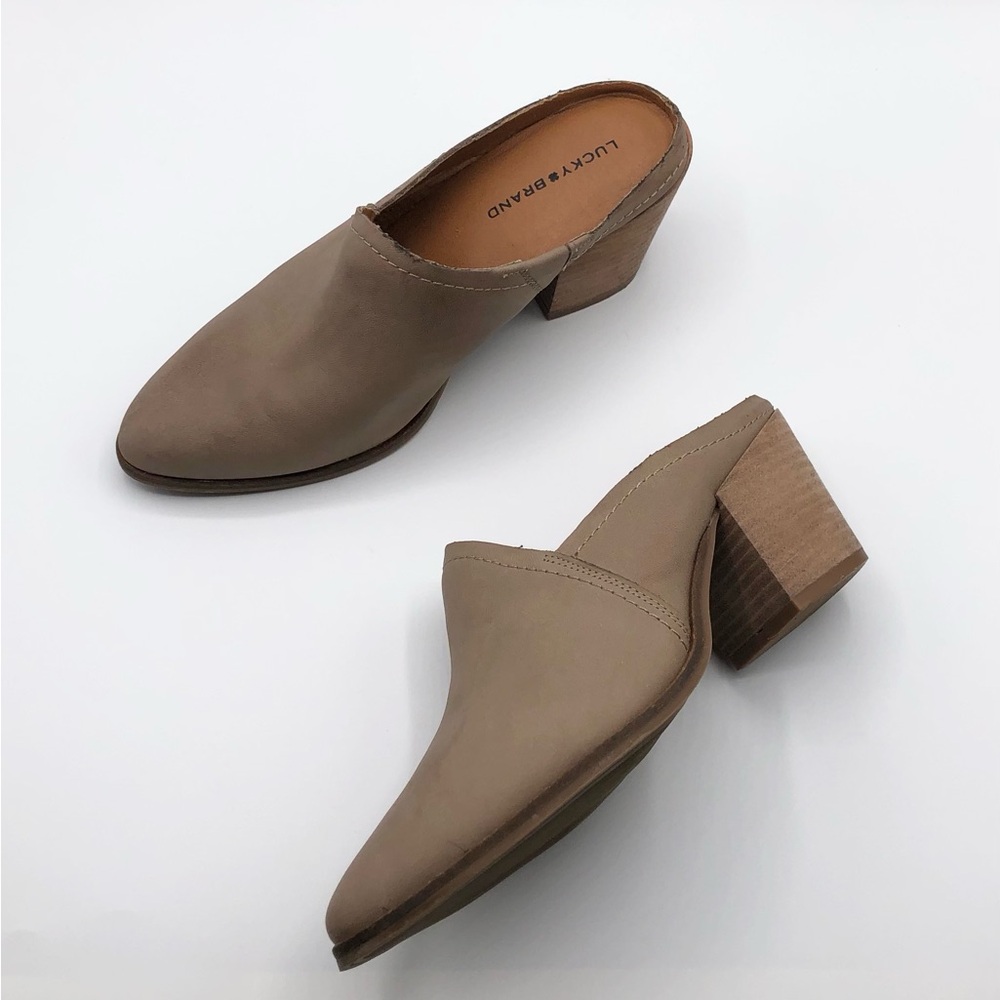 Lucky Brand Taupe Camel Khaki Leather Block Heeled Mules Women’s Size 6.5